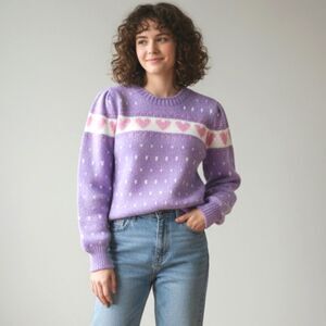 Marceau Sports Vintage 80s Wool Pink Hearts Long Sleeve Crew Neck Wool Sweater
